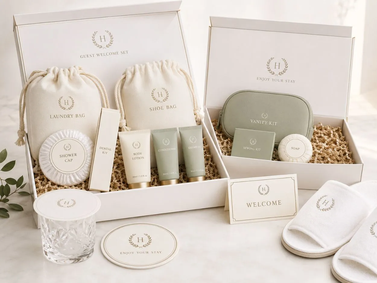 Hotel room accessories by UMYAN — laundry bag, shoe bag, coaster and welcome card set