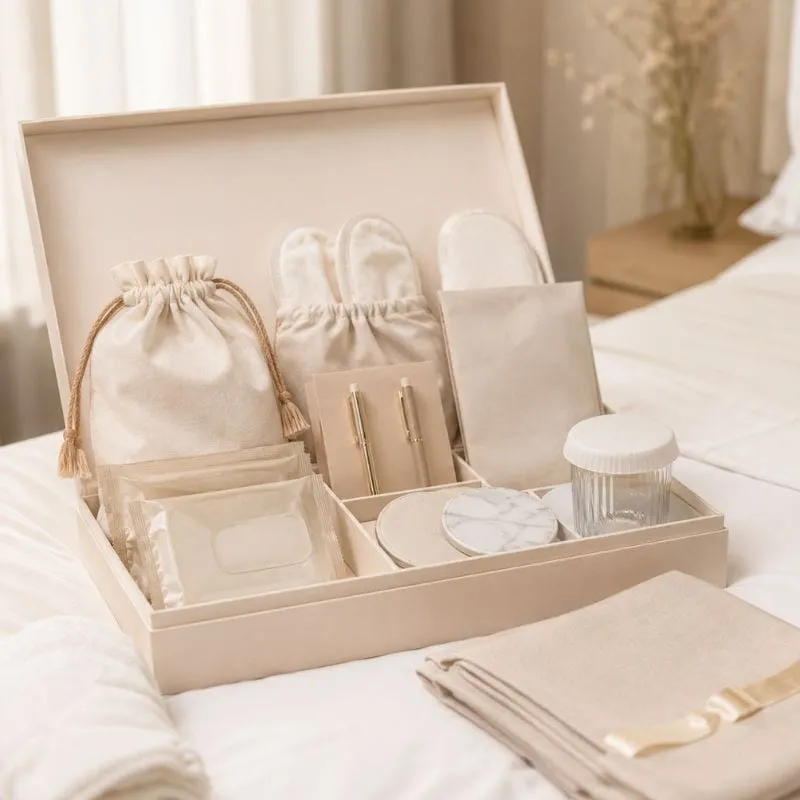 Hotel room accessories set by UMYAN — linen pouches, slippers, pens, coasters and vanity jar in a presentation box