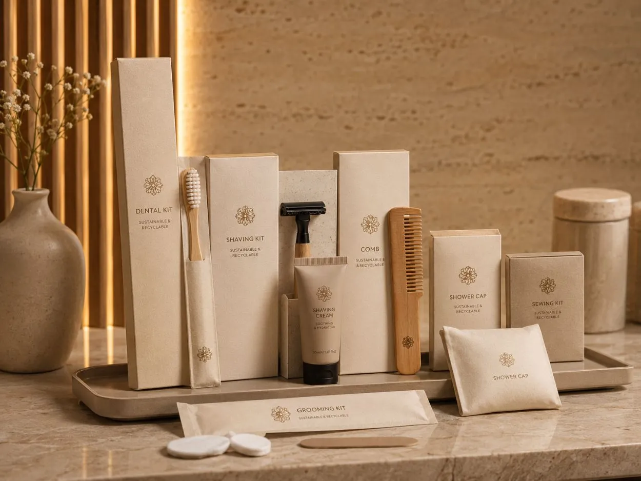 Hotel amenity kits by UMYAN — dental, shaving, comb and vanity sets in kraft paper packaging