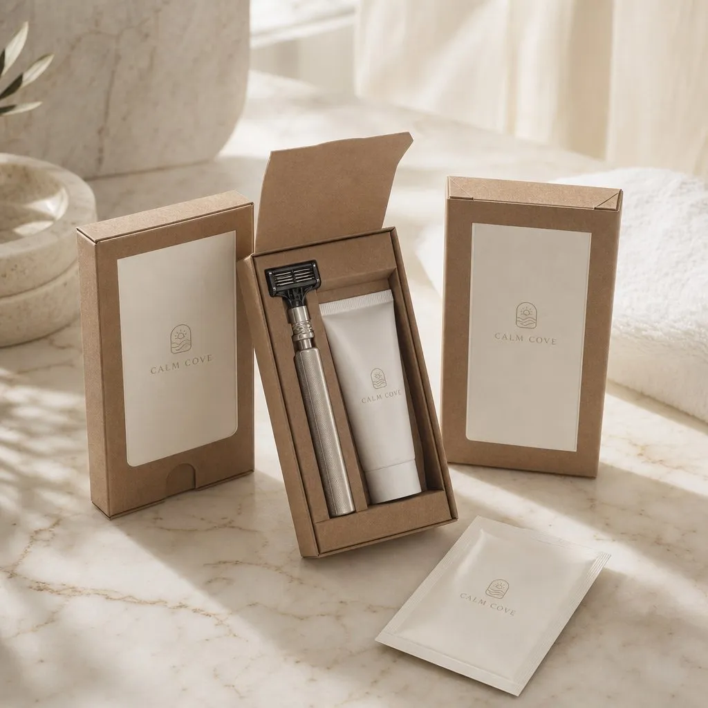 Hotel Shaving Kit — alternate angle showing cap and back of pack