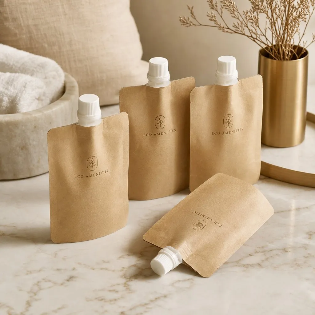 Kraft Spout Bags — 30ml Eco Wash Pouches — alternate angle showing cap and back of pack