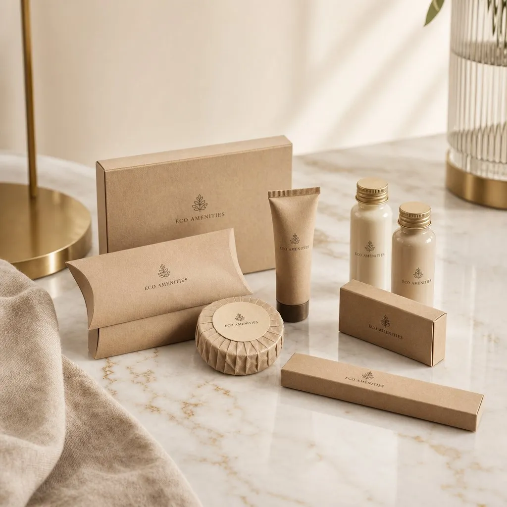 Kraft Paper Amenity Kit — alternate angle showing cap and back of pack