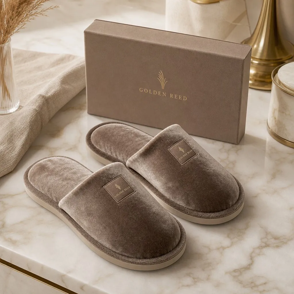 Velvet Hotel Slippers — alternate angle showing cap and back of pack