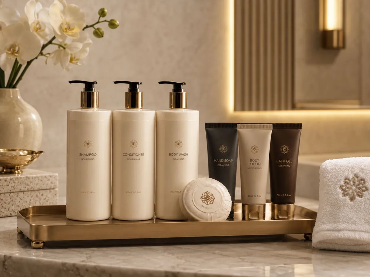 Hotel bath and body toiletries by UMYAN — shampoo, conditioner, body wash, lotion and soap on a tray