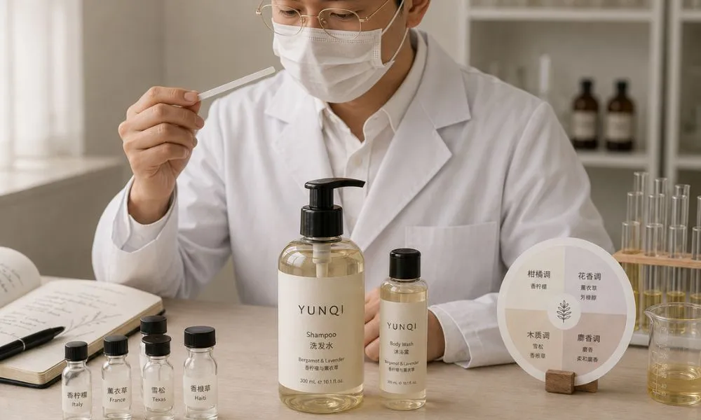Bespoke fragrance development at UMYAN — a perfumer testing a scent strip beside a fragrance wheel and aroma oils, signature scents with Givaudan