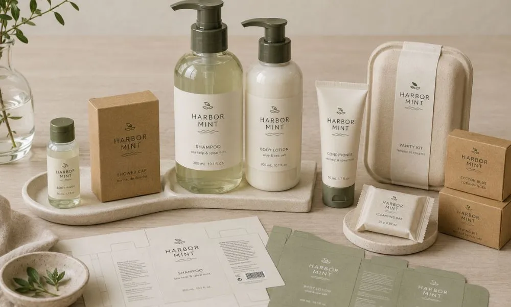 Custom hotel amenity packaging and design by UMYAN — a full private-label bath set with bottles, tubes, boxes and printed artwork mock-ups