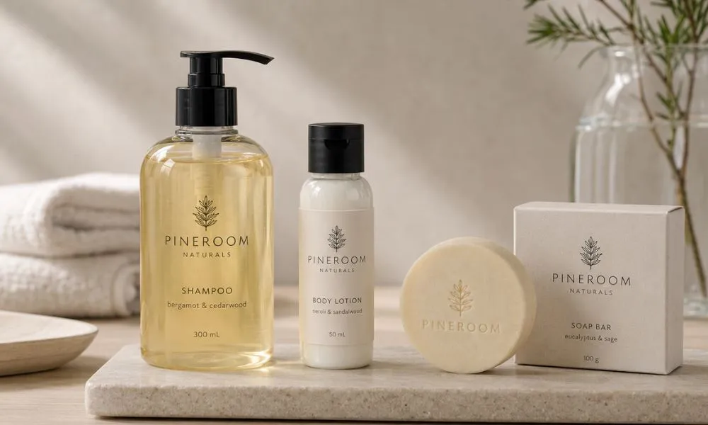 Private-label printing and branding by UMYAN — a matching amenity line with silk-screened bottles, an embossed soap and a printed box, one logo across formats