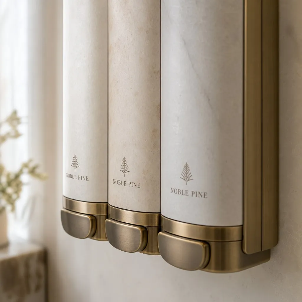 Triple Wall-Mounted Dispenser — close-up of material and label detail