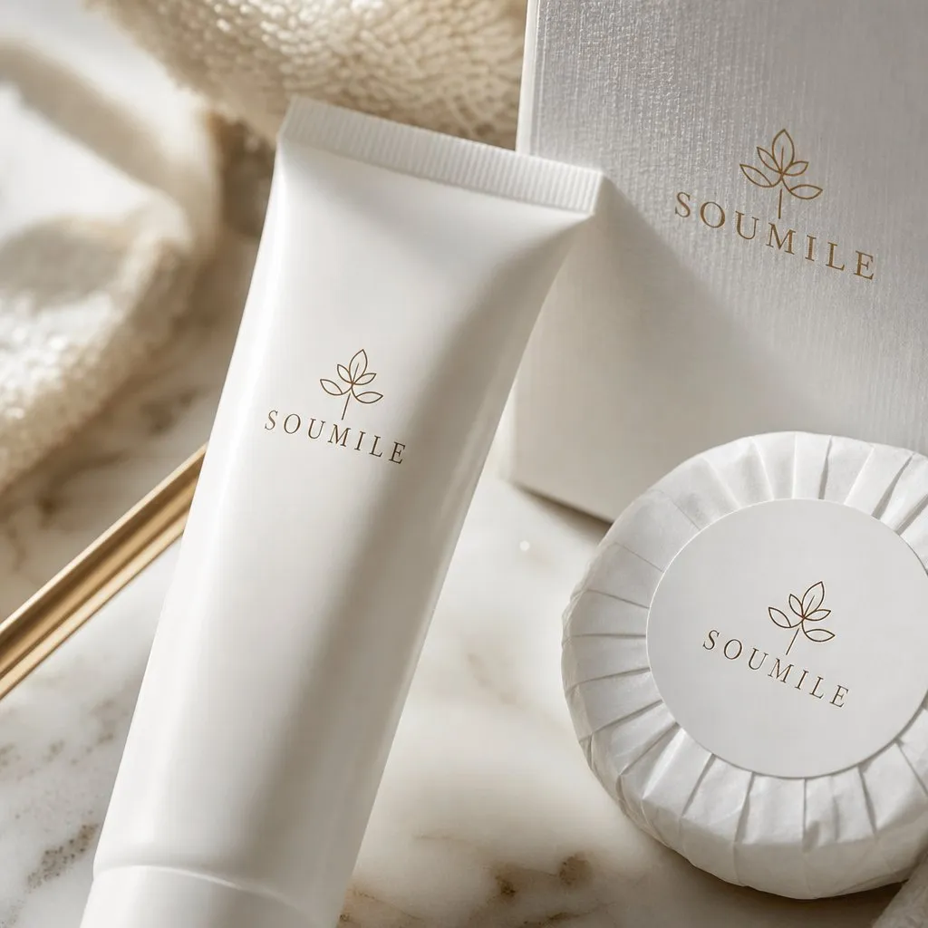 SOUMILE Urban White Amenity Kit (White Card Box) — close-up of material and label detail