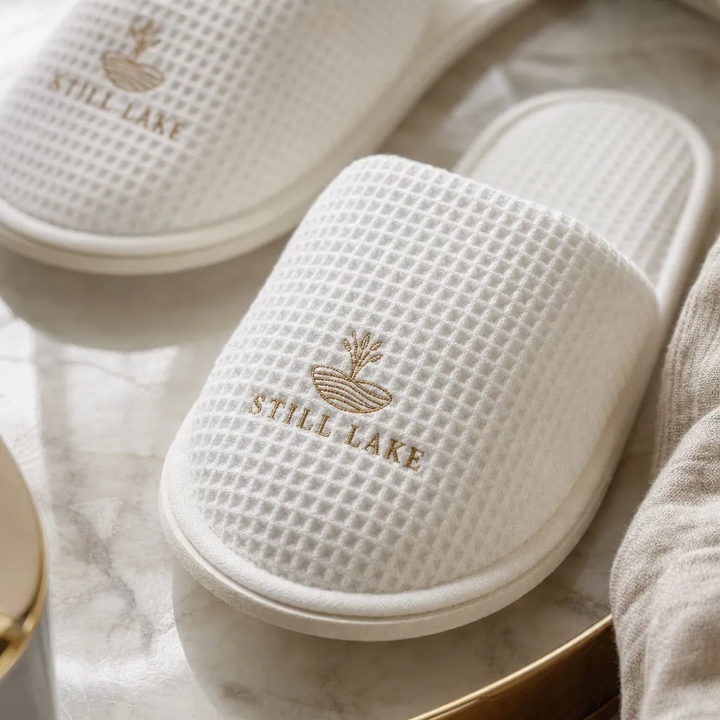 Waffle Disposable Hotel Slippers — close-up of material and label detail