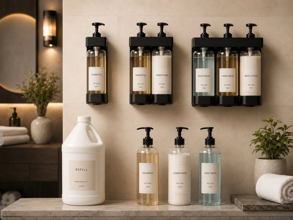 Wall-mounted refillable hotel soap dispensers and bulk refill bottles by UMYAN