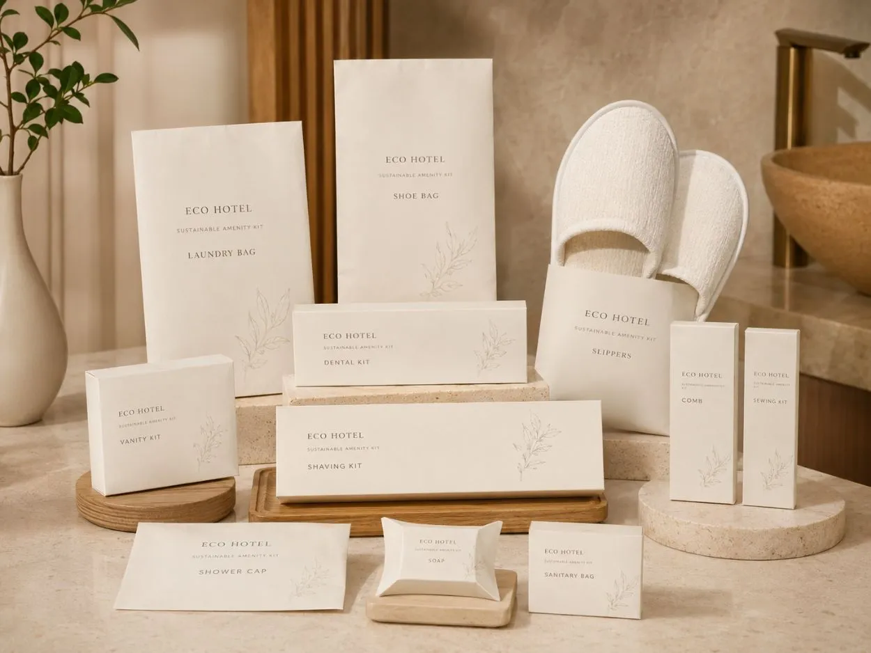 Biodegradable hotel amenities in kraft and sugarcane paper packaging