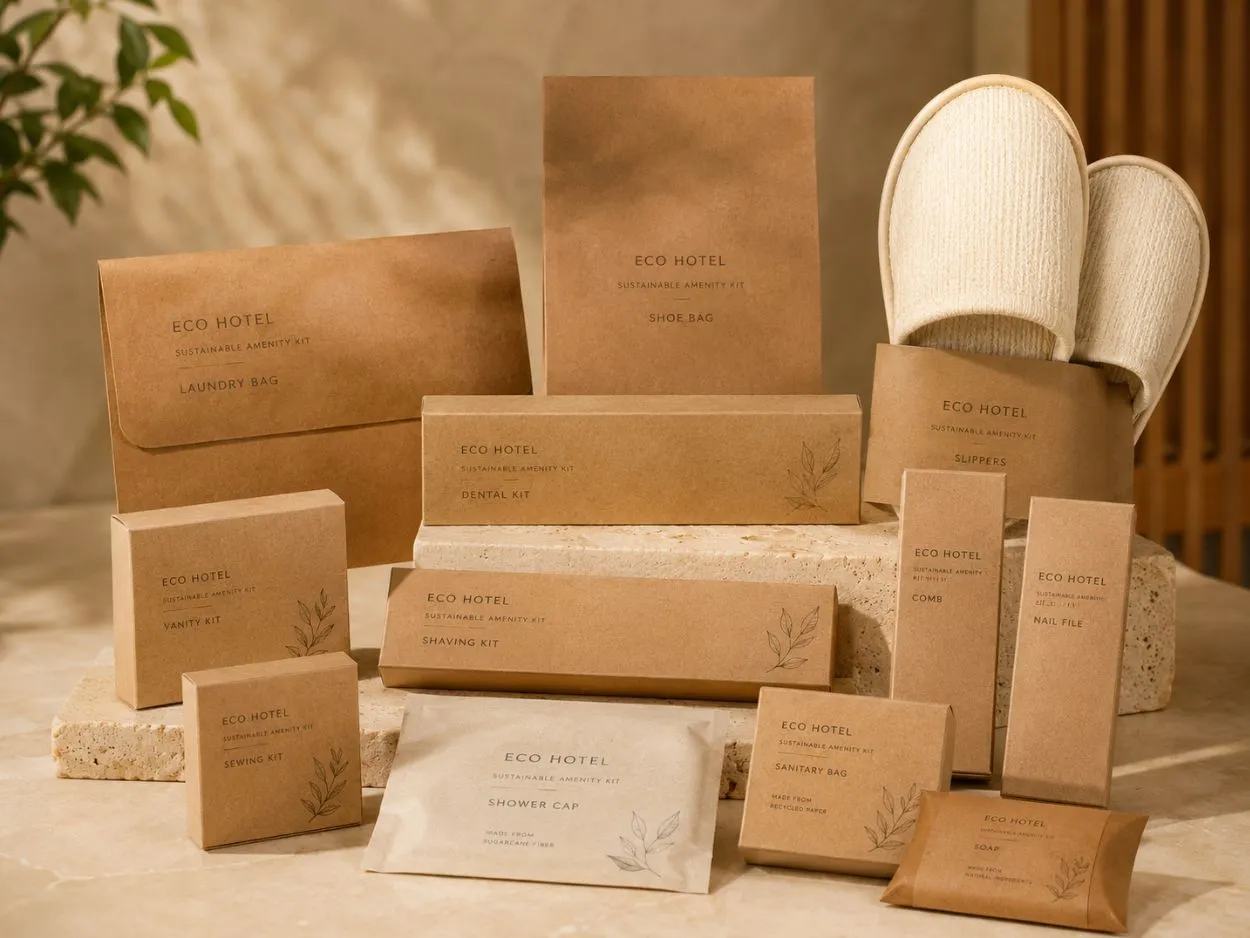 Biodegradable hotel amenities by UMYAN in FSC kraft and sugarcane paper packaging