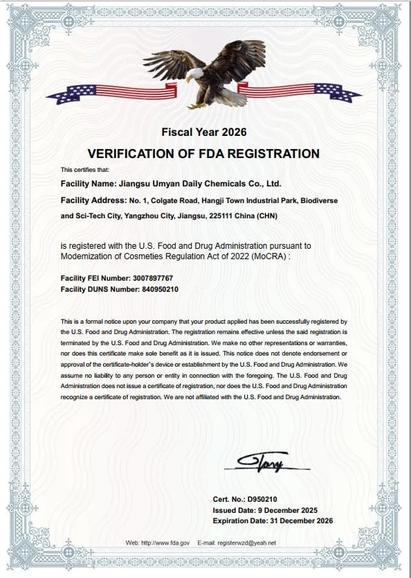 FDA certificate — US Market — held by UMYAN's Hangji, Yangzhou facility