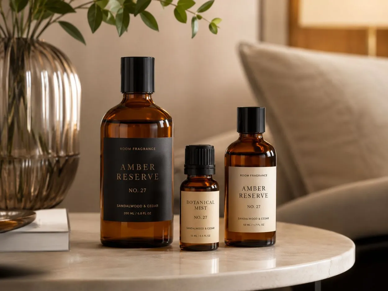 Hotel room fragrance by UMYAN — amber-glass reed diffuser and botanical room mist