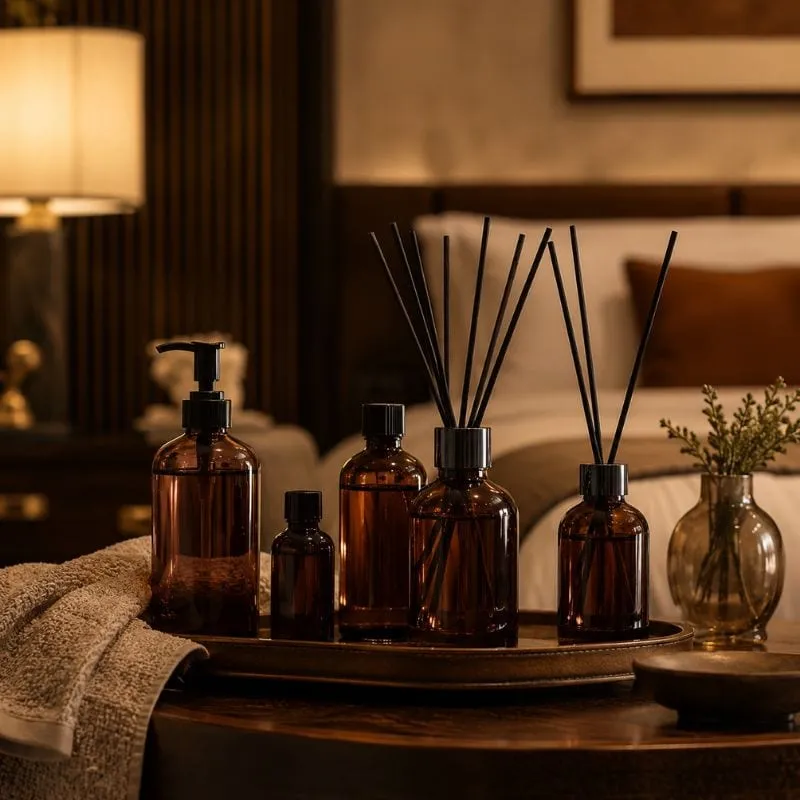 Hotel room fragrance by UMYAN — amber reed diffusers and apothecary bottles on a tray in a warm guest room