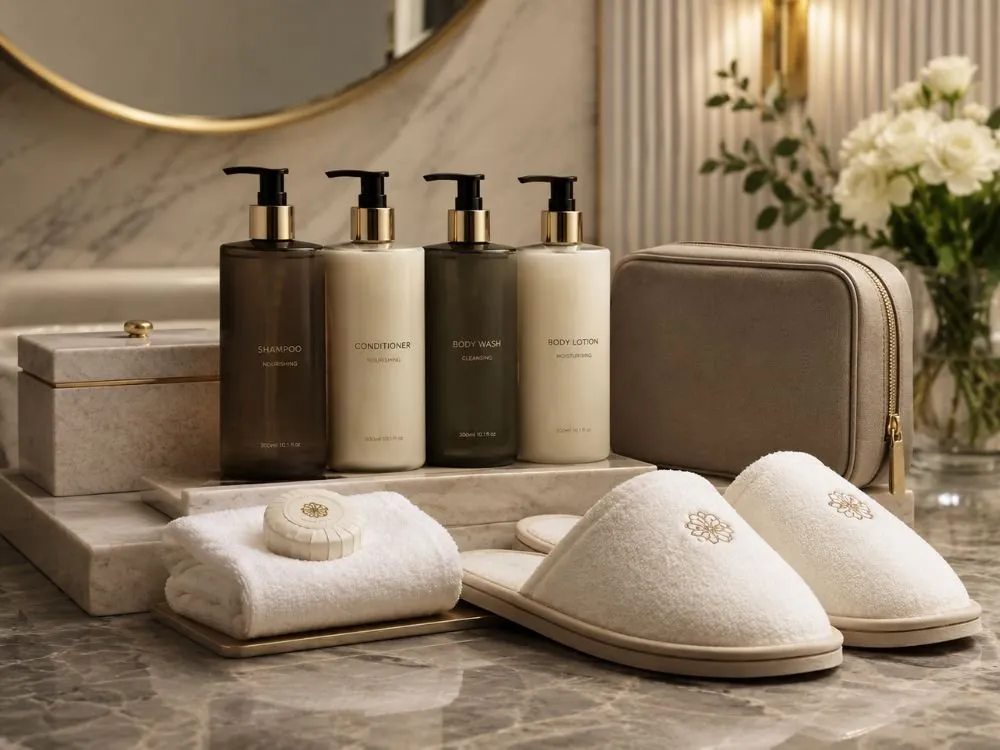 Hotel bathroom vanity with UMYAN branded bath amenities, soap, towel and slippers