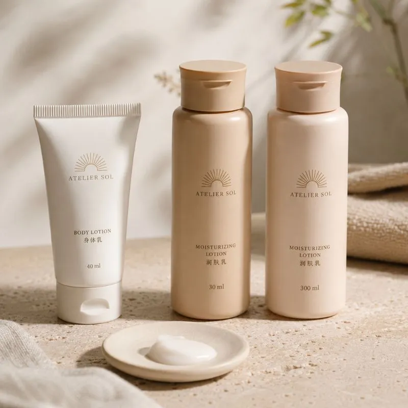 Hotel body lotion by UMYAN — 40ml tube plus 30ml and 300ml bottles with a dab of cream on a dish, non-greasy moisturiser