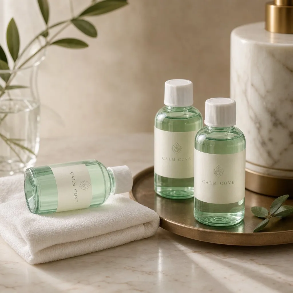 Single-use hotel mouthwash by UMYAN in 30ml travel bottles for the guest bathroom — alcohol-free minty oral-care amenity