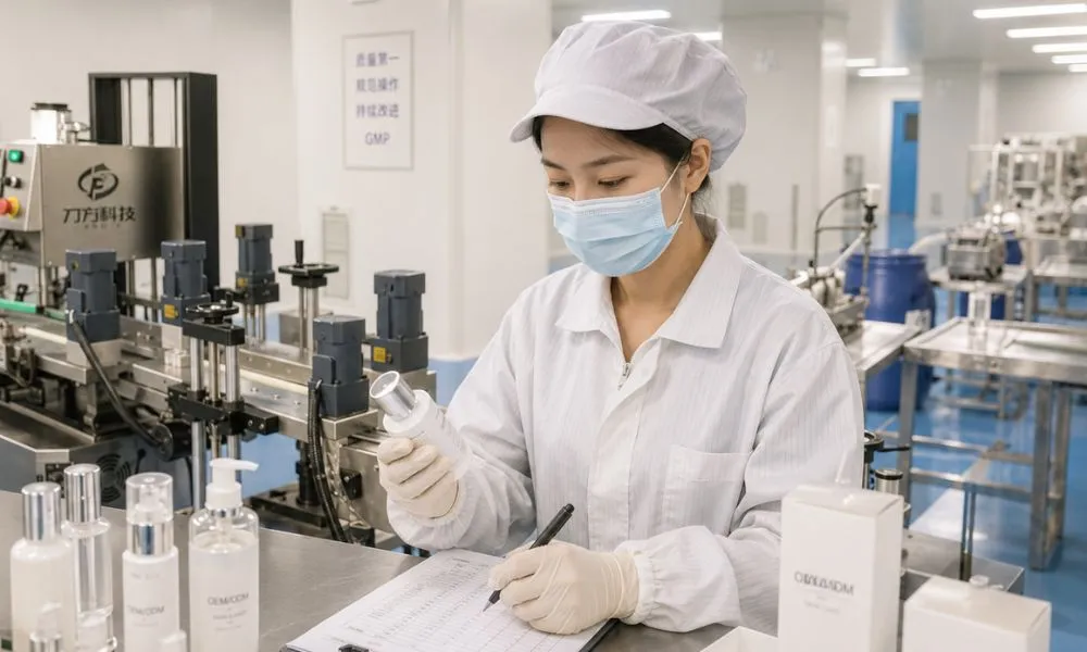 Quality-control technician in cleanroom gowning inspecting a hotel amenity bottle on the filling line at UMYAN, with OEM/ODM samples and a GMP quality board — cosmetic GMP production