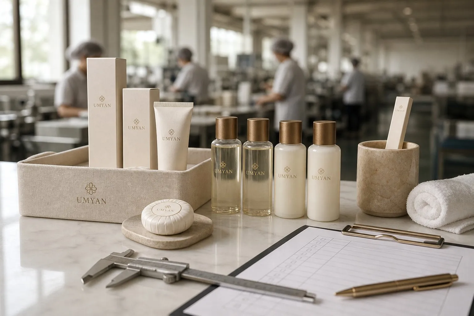 Sampling, production & QC — UMYAN hotel amenities factory capability