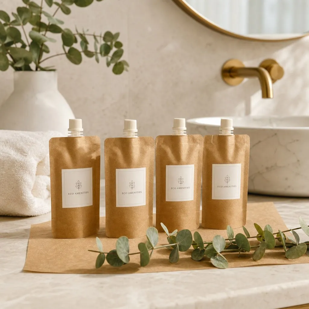 Kraft Spout Bags — 30ml Eco Wash Pouches — in use in a hotel guest room setting