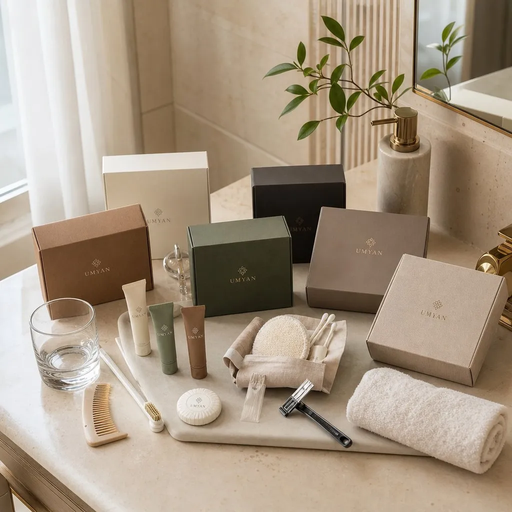 Designer Amenity Kit Collections (6 Ready Series) — in use in a hotel guest room setting