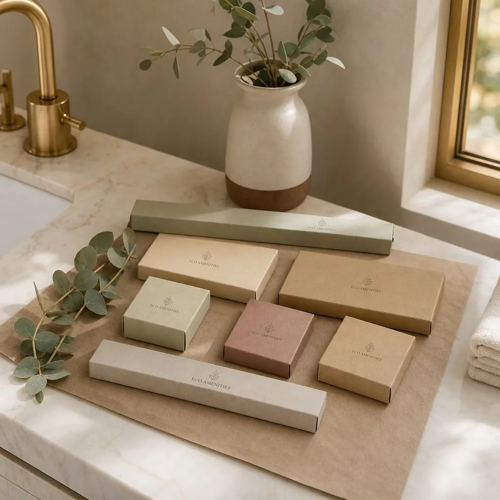 ECO Color Picking Sugarcane Amenity Kit — in use in a hotel guest room setting