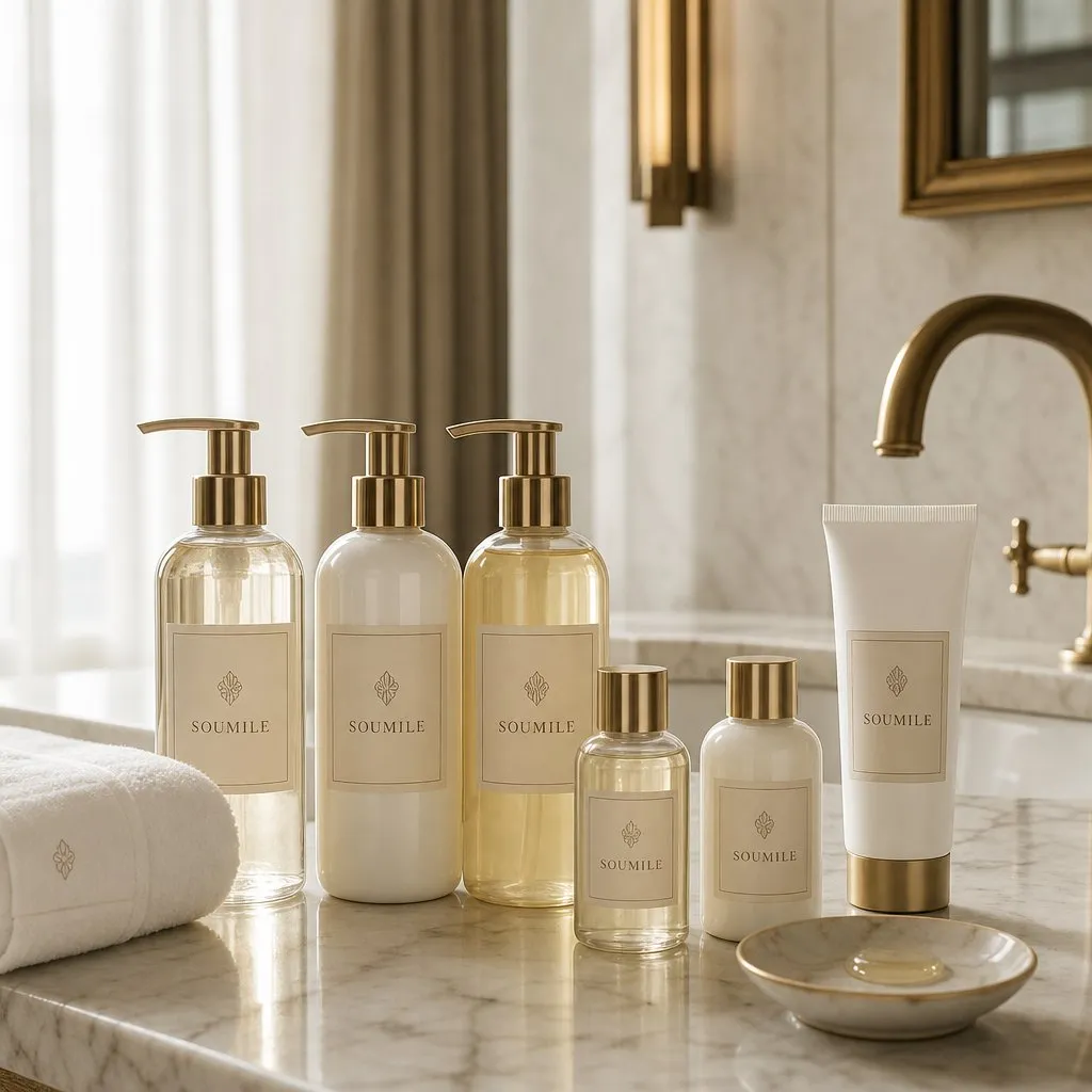 SOUMILE White Tea Bath Collection (30ml–500ml) — in use in a hotel guest room setting