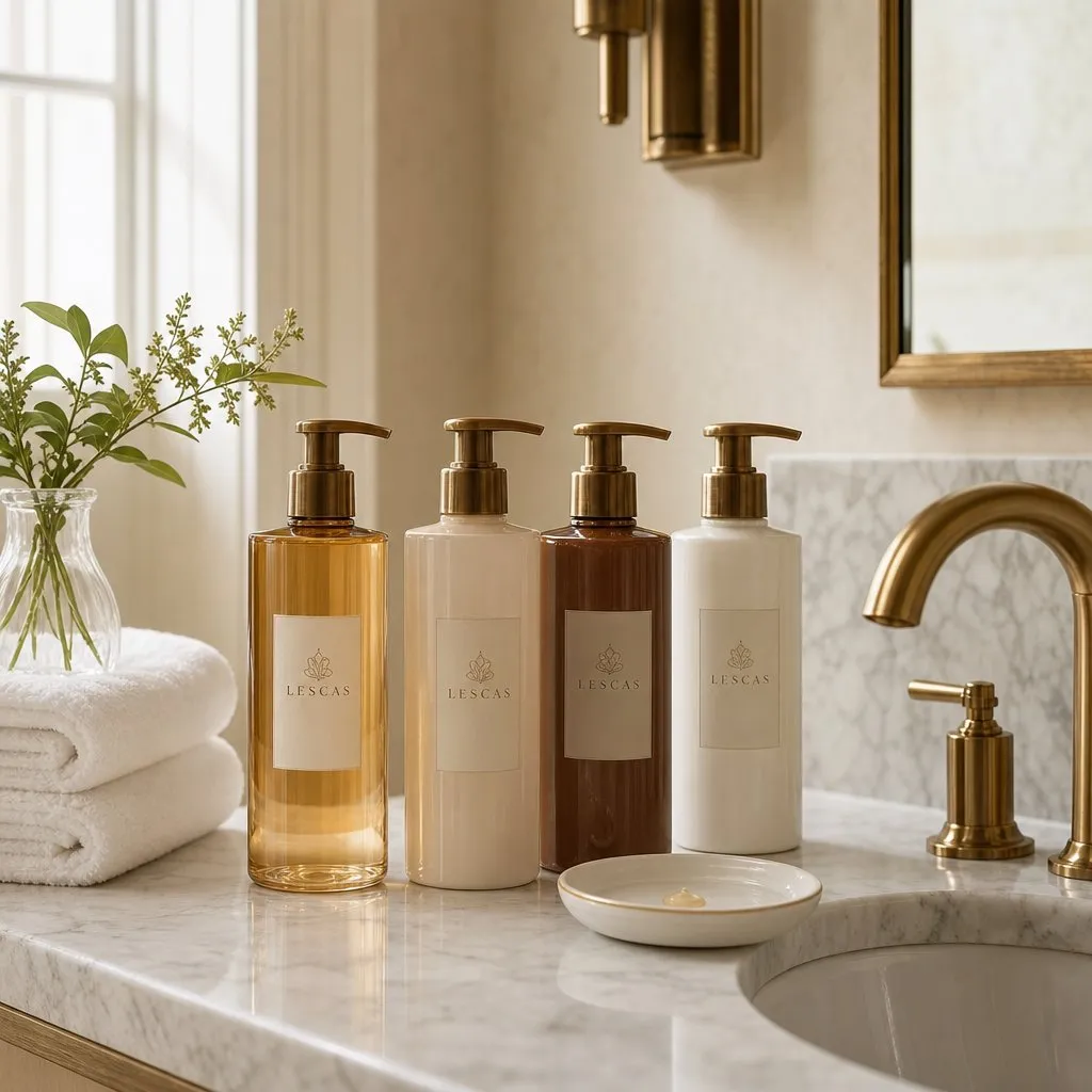 LESCAS Baifen Mist 350ml Bath Series — in use in a hotel guest room setting