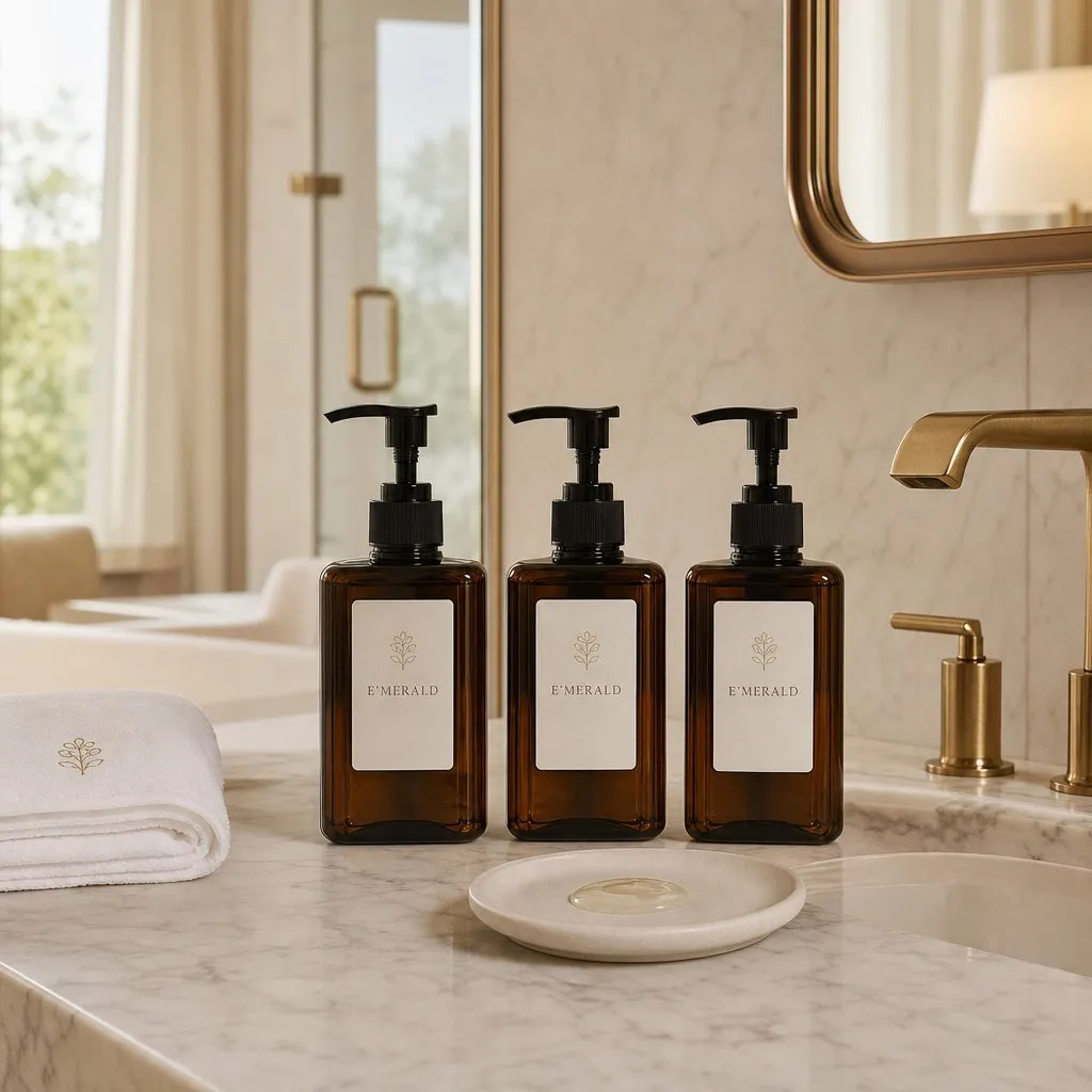 E'MERALD Gardenia Bath Series — Silent Fields (500ml) — in use in a hotel guest room setting