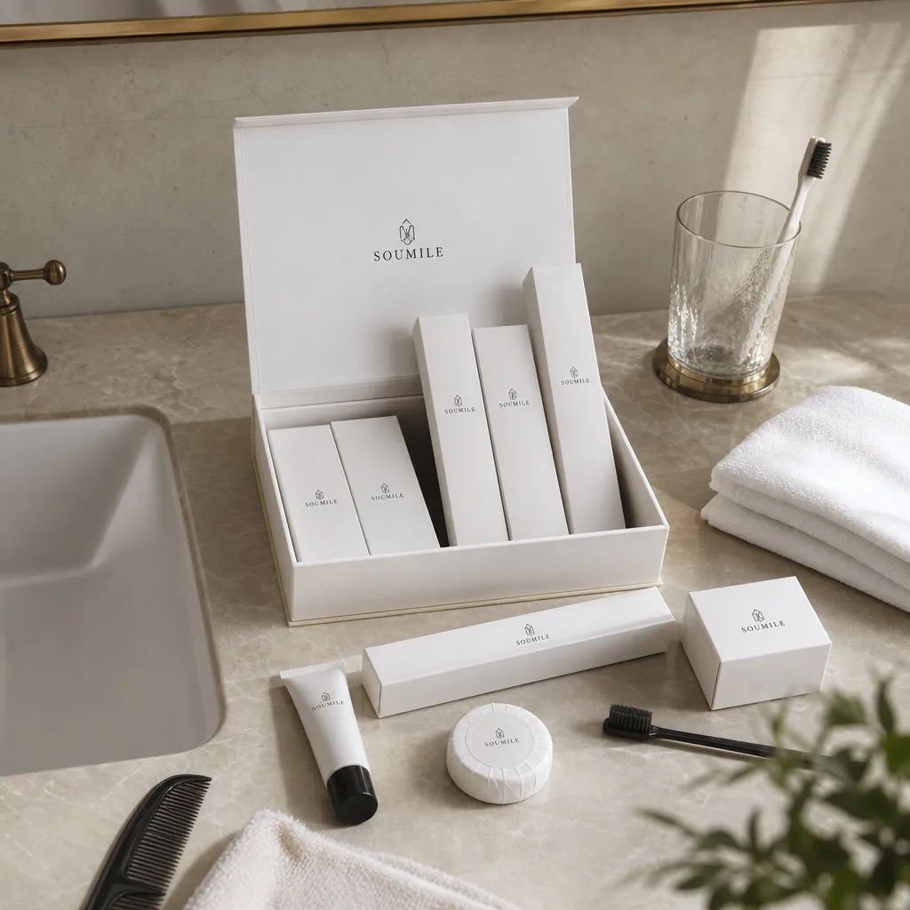 SOUMILE Urban White Amenity Kit (White Card Box) — in use in a hotel guest room setting