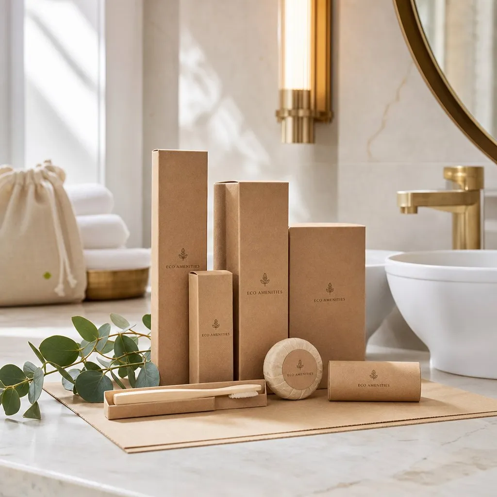 Kraft Paper Amenity Kit — in use in a hotel guest room setting