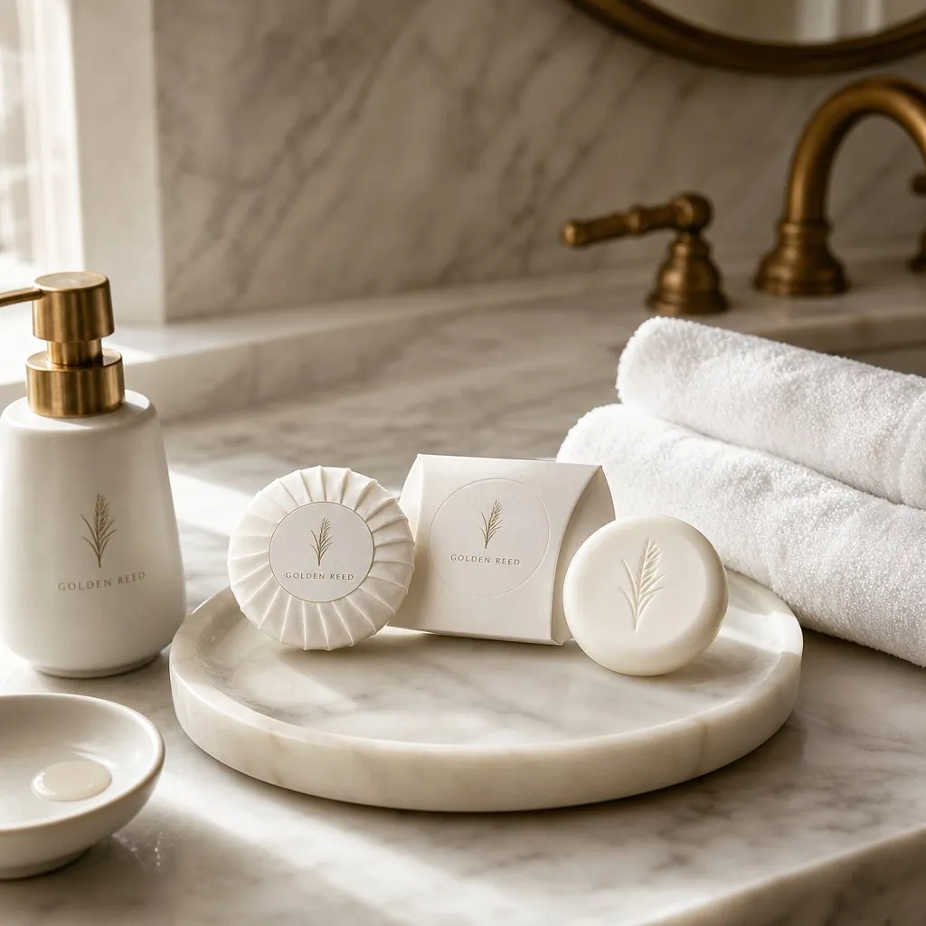Mini Hotel Soap (15–25g) — in use in a hotel guest room setting