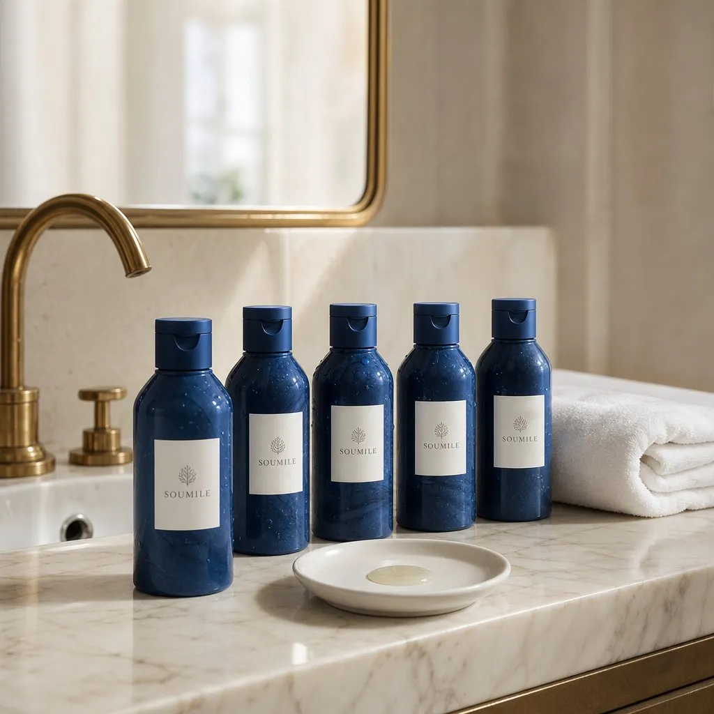 SOUMILE Azure Citrus Series (300ml, Snap-Lock Caps) — in use in a hotel guest room setting