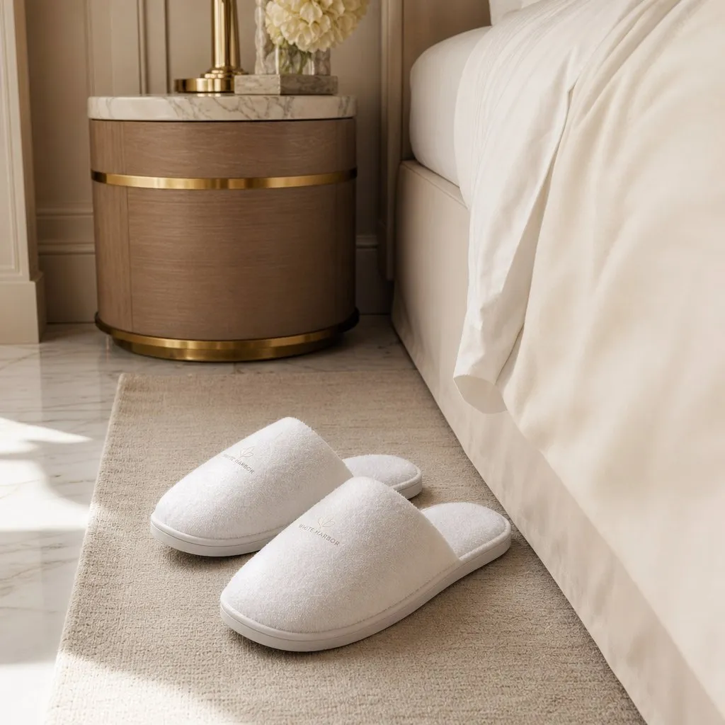 Terry Spa Slippers (Towelling) — in use in a hotel guest room setting