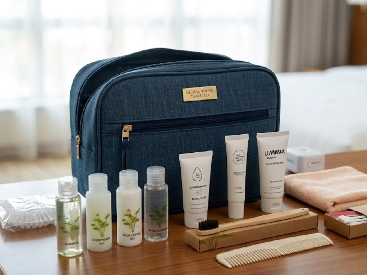Ready-made travel amenity kit by UMYAN — toiletry pouch with bath minis and a bamboo comb